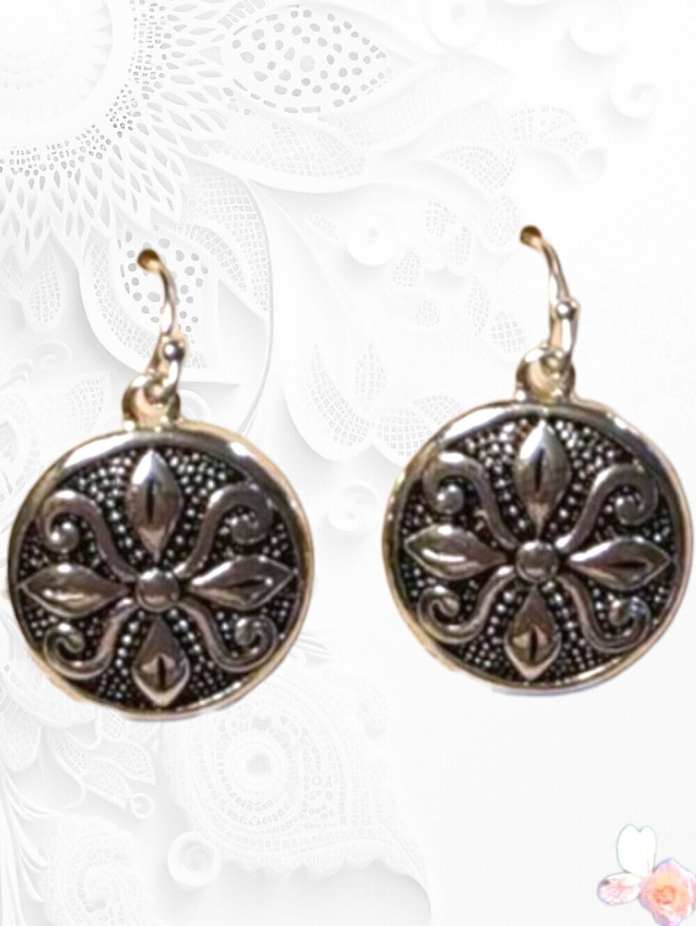 Ear Sense Round Fleur-de-Lis Textured Dangle Earrings  Silver Nickel-Free 201